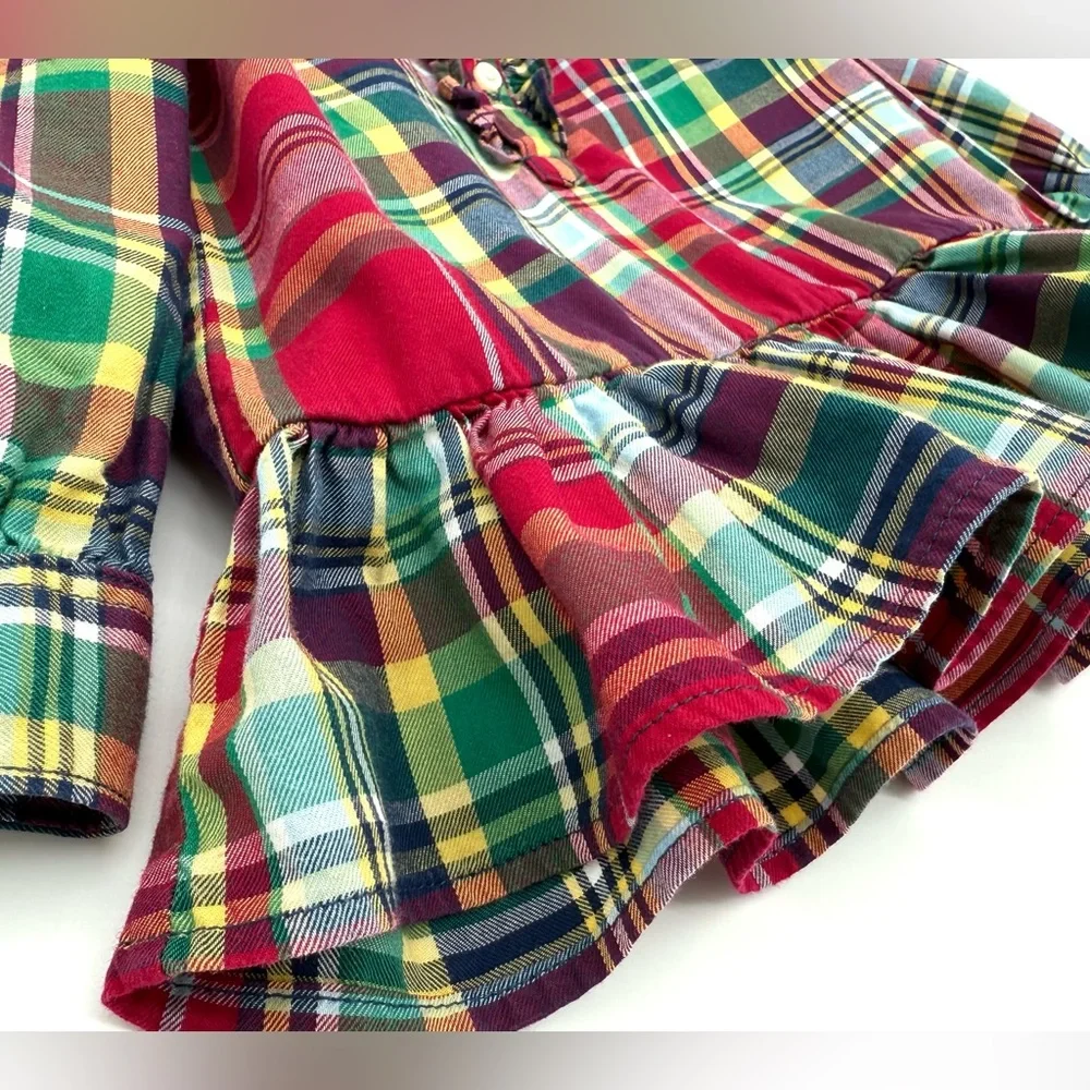 EUC Ralph Lauren Christmas Plaid Peplum Long Sleeve Tunic Top In Red & Green 24M